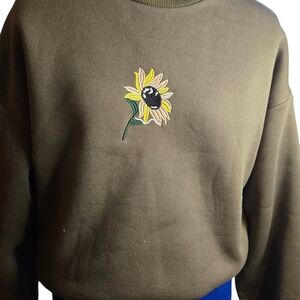 Olive Green Sunflower Embroidered Sweatshirt